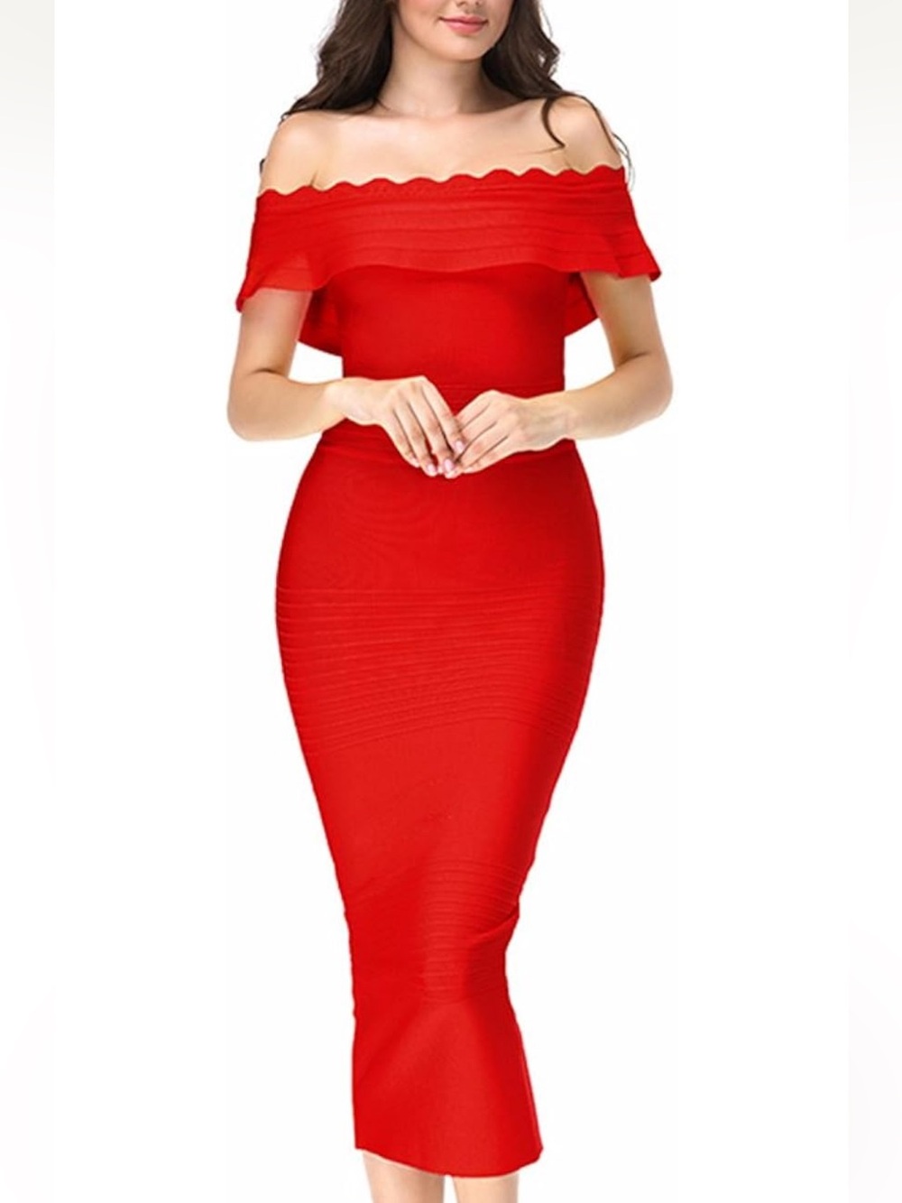 Women’s Ruffle Off The Shoulder Bodycon Midi Dress sz Medium